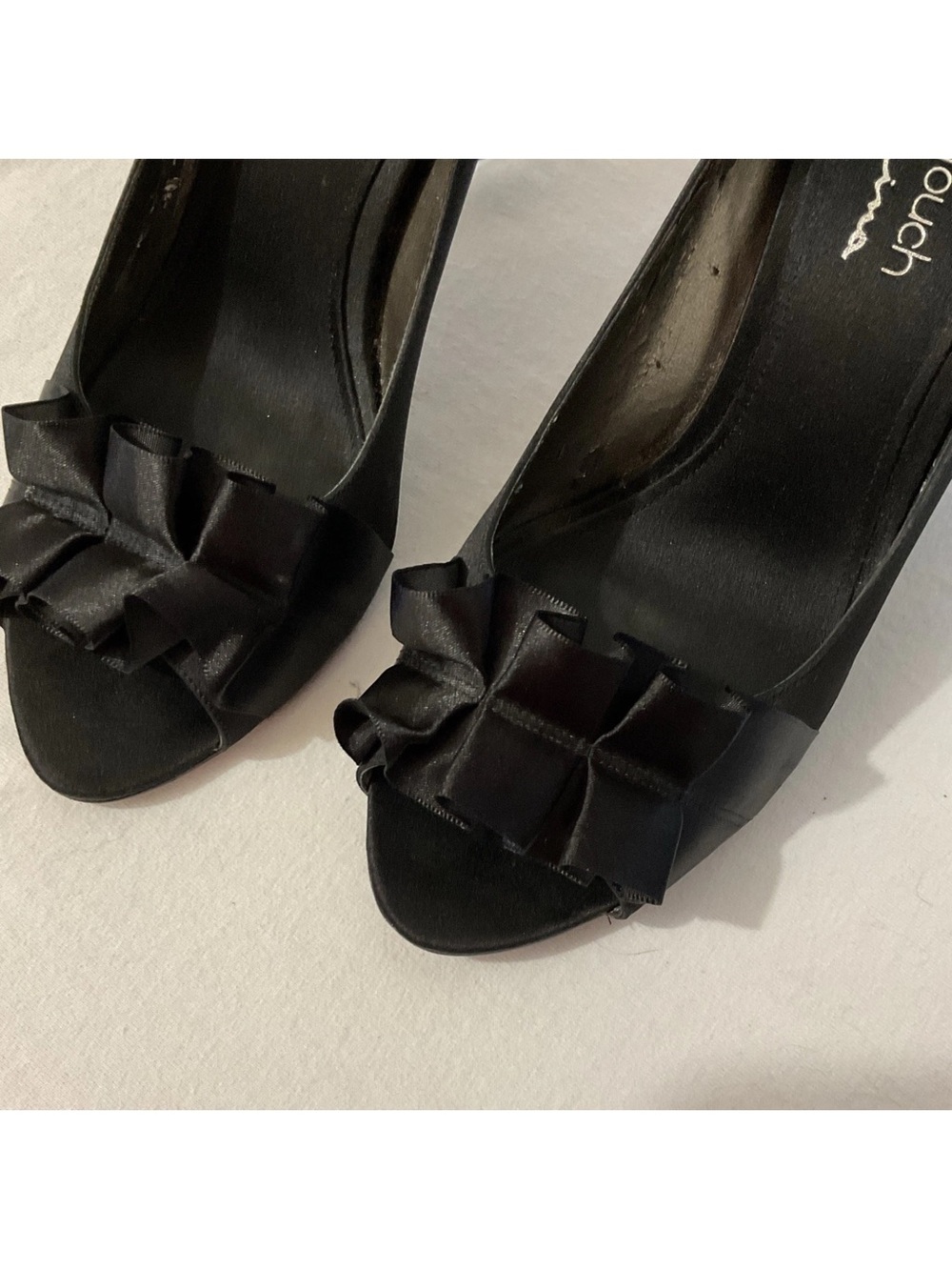 Touch of Nina Black Satin Peep-Toe Heels with Bow Accent - Picture 2 of 6
